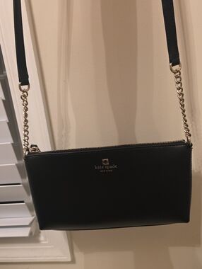 Kate Spade Black Leather Crossbody with Silver Chain